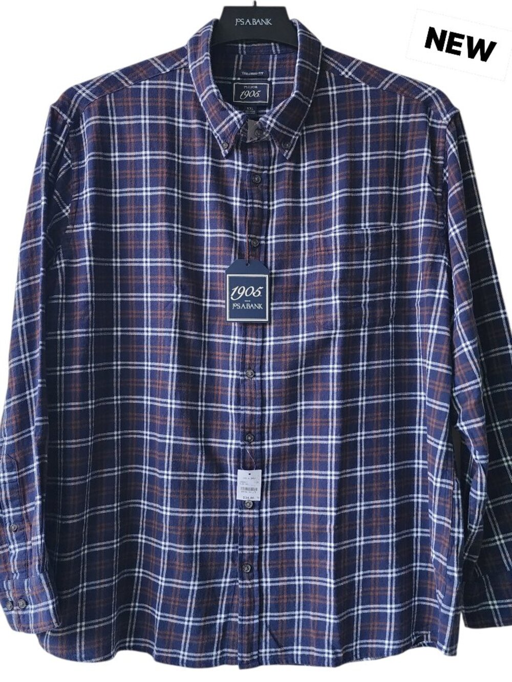 XXL Flannel Shirt New Mens Navy Blue Plaid Checked Jos A Bank Tailored Fit Nwt